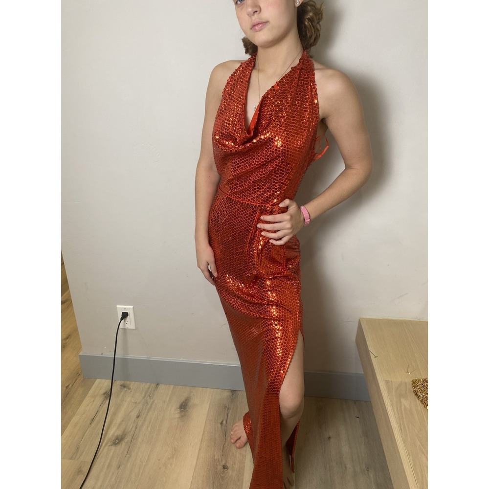 VTG 70's Red Sequined Fitted Halter Gown Dress S Women's Party Formal Cocktail - Picture 9 of 13